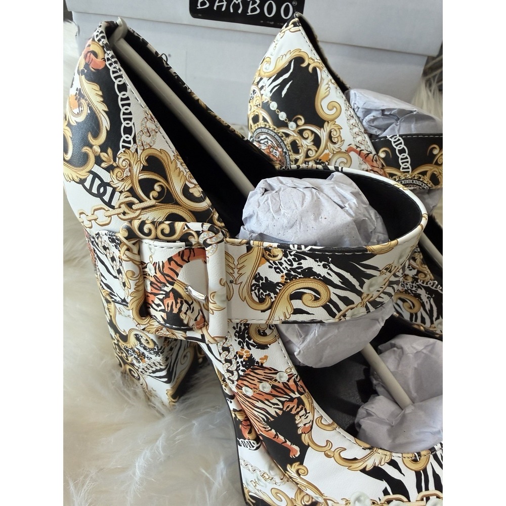 Bamboo‎ Size 8 Tiger Baroque Print Platform Block Heel Mary Jane Women's Shoes - Picture 4 of 11